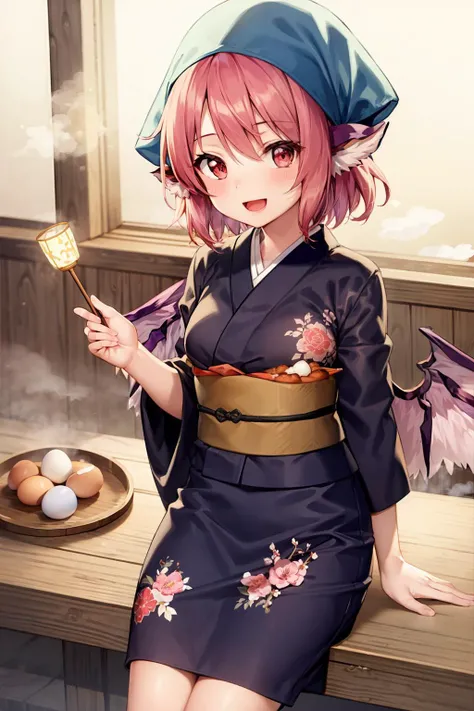 masterpiece, best quality, <lora:lorelei:1>,1girl, mystia lorelei, solo, wings, japanese clothes, pink hair, okamisty, egg,food stand, kimono, obi, sash, open mouth, animal ears, sitting, smile, short hair, cup, looking at viewer, pink eyes, egg \(food\), tasuki, bird wings, lantern, paper lantern, head scarf, apron, tray, red eyes, skewer, :d, floral print, steam, alternate costume, yukata