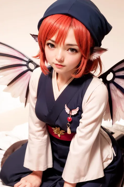masterpiece, best quality, <lora:lorelei:1>,mystia lorelei, 1girl,(mature female:1.4), solo, okamisty, animal ears, wings, head scarf, japanese clothes, short hair, blush, pink hair, sweat