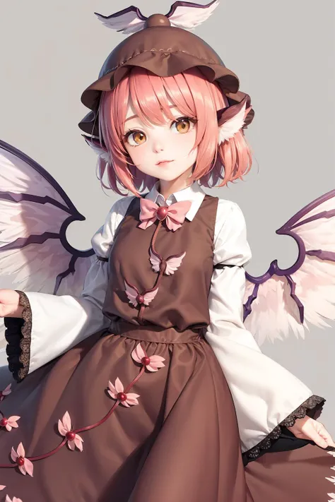 masterpiece, best quality, <lora:lorelei:1>,mystia lorelei, hat,pink hair,dress, animal ears,wide sleeves, wings,grey background,