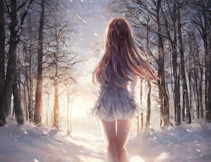 1girl, by vima, forest, photograph, bokeh, masterpiece, winter, from behind