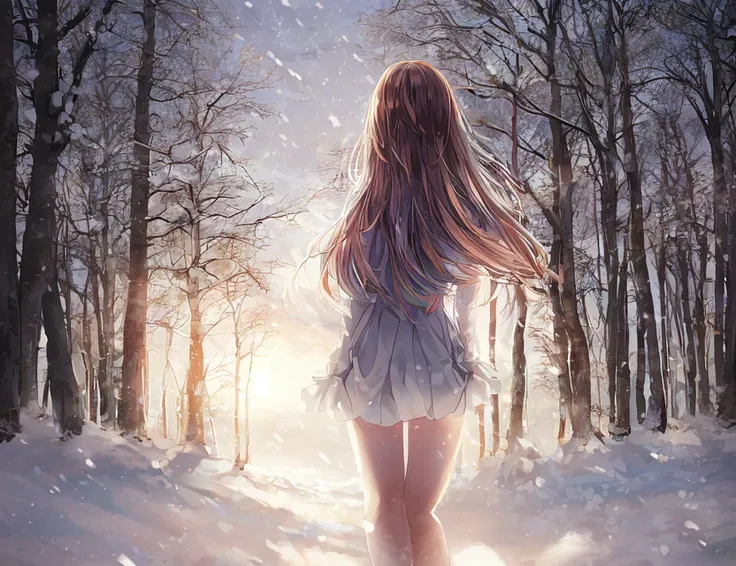 1girl, by vima, forest, photograph, bokeh, masterpiece, winter, from behind