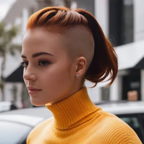 a woman,turtleneck,<lora:model_SDXL:0.75>,ckn,(ginger:1.3),(hi-top fade haircut:1.3),at distance,