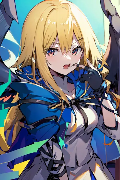 Big Tits. Anime Girls. Anime-style eyes. Setting picture. Perfect pupil. Solo. Highest Quality, Full body, It features a simple_Background,girl, Woman, Female, Young,20 years old, Long hair, flipped hair, Bangs, Blonde hair, messy long hair, emotionless eyes, tusk, Glasses, Black eyes、Smile with open mouth、Unkempt hair、fullllbody,