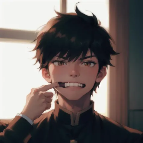 masterpiece, best quality,1boy,solo,male focus,solo boy,yaoi,vampire,blood,blood on the face,crazy eyes,short black hair,smile,