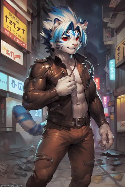 (by null-ghost, by thebigslick, by darkgem, by honovy), kogenta (onmyou taisenki), felid, blue fur, stripes, solo, clothed, leather jacket, red eyes, front view, tail, two tone hair, blue hair, white hair, street, tokyo, akihabara, neon lights