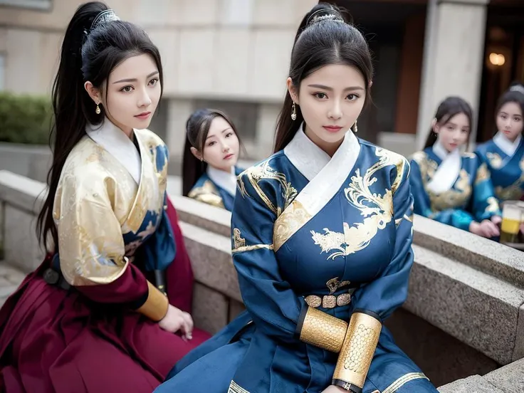 feiyu_clothes, blue fabric, gold embroidery, black bracer with golden embroidery, high ponytail, depth of field, night cityscape, (6+girls:1.6),ulzzang-6500v1.1, (original: 1.2), (realistic: 1.3) , beautiful girl with beautiful details, extremely detailed eyes and face, eyes with beautiful details, absurd, incredibly absurd, huge file size, ultra detail, high resolution, ultra detailed, best quality, masterpiece, illustration, ultra detailed and beautiful, ultra detailed, CG, unity, 8k wallpaper, amazing, fine Detail, masterpiece, top quality, official art, extremely detailed CG unity 8k wallpaper, cinematic lighting, (perfect shiny skin:0.6), slim and smooth lines, (floating), (large breasts:1), earrings , <lora:Feiyu_clothes_v1:0.8> <lora:koreanDollLikeness_v15:0.2>, masterpiece, best quality, <lora:MultipleGirlsGroup:0.8>,