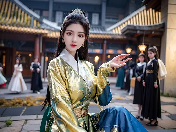 feiyu_clothes, blue fabric, gold embroidery, black bracer with golden embroidery, high hair bun, depth of field, night cityscape, (5girls:1.6), ulzzang-6500v1.1, (original: 1.2), (realistic: 1.3) , beautiful girl with beautiful details, extremely detailed eyes and face, eyes with beautiful details, absurd, incredibly absurd, huge file size, ultra detail, high resolution, ultra detailed, best quality, masterpiece, illustration, ultra detailed and beautiful, ultra detailed, CG, unity, 8k wallpaper, amazing, fine Detail, masterpiece, top quality, official art, extremely detailed CG unity 8k wallpaper, cinematic lighting, (perfect shiny skin:0.6), slim and smooth lines, (floating), (large breasts:1), earrings , <lora:Feiyu_clothes_v1:0.8> <lora:koreanDollLikeness_v15:0.2>, masterpiece, best quality,