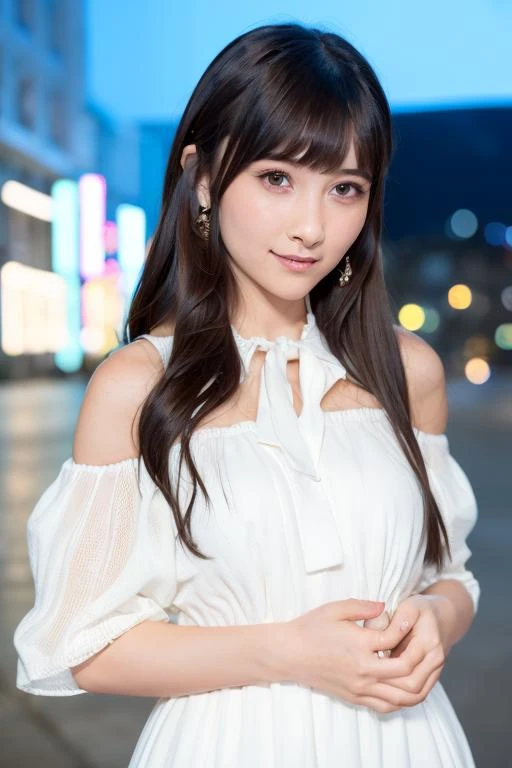 1girl, (wearing an off-the-shoulder dress:1.4),(RAW photo, best quality), (realistic, photo-realistic:1.4), masterpiece, an extremely delicate and beautiful, extremely detailed, 2k wallpaper, Amazing, finely detail, extremely detailed CG unity 8k wallpaper, ultra-detailed, highres, soft light, beautiful detailed girl, extremely detailed eyes and face, beautiful detailed nose, beautiful detailed eyes,(cinematic lighting:0.8),(in the city at night:2.0),perfect anatomy,(slender body:1.8),smiling,(young girl:1.6),(close up:2.0),(look at viewer),(front view:1.4),cinematic angle,(cleavage:0.8),(wavy long hair),(brown eyes:1.6), (standing:2.0),    <lora:yamazakierii_lora-02:0.8>