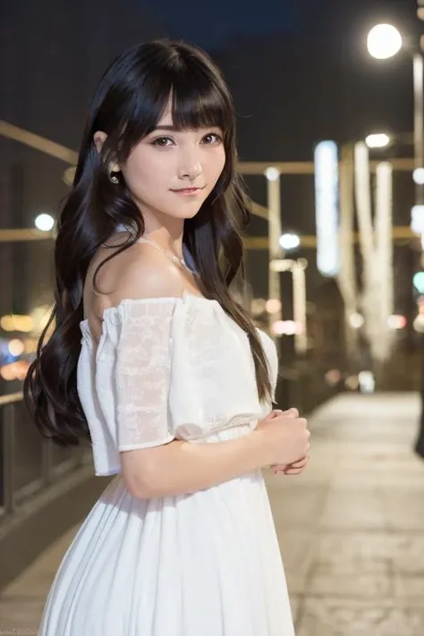 1girl, (wearing a casual dress:1.6),(RAW photo, best quality), (realistic, photo-realistic:1.4), masterpiece, an extremely delicate and beautiful, extremely detailed, 2k wallpaper, Amazing, finely detail, extremely detailed CG unity 8k wallpaper, ultra-detailed, highres, soft light, beautiful detailed girl, extremely detailed eyes and face, beautiful detailed nose, beautiful detailed eyes,cinematic lighting,(in the city at night:1.6),perfect anatomy,slender body,(smile:1.4),(close up:1.2),(look at viewer),(front view:1.4),cinematic angle,(wavy  hair:1.2),   <lora:maruokawakana_lora-02:0.8>