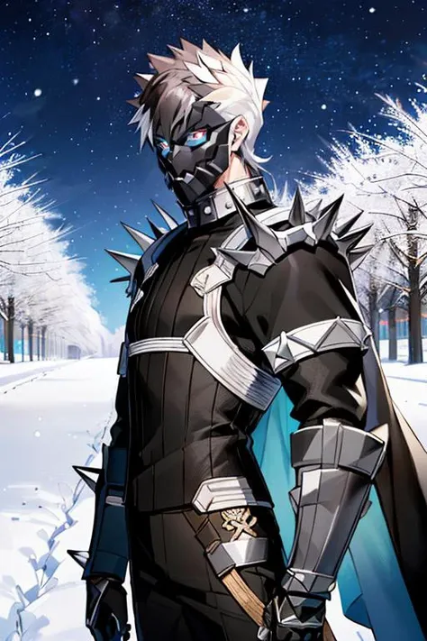 ((masterpiece)), ((best quality)), (ultra-detailed), absurdres, extremely detailed CG unity 8k wallpaper, Official Art, Accurate describe shapes, (realistic), detailed hands, upper body, close-up, solo, (beautiful glow, snowflake, blue sky, winter, snowfall, tundra, scenery, dramatic light, illustration:1.1), (standing, arm at side, smile:1.2), (1boy, mature male, muscular male, white hair, black hair, short hair, multicolored hair, spiked hair:1.4), (black mask, black armor, black gauntlet, black pants:1.3), , ((masterpiece)), absurdres, HDR, sigurd \(fate\), <lora:epi_noiseoffset2:0.7> <lyco:GoodHands-beta2:1> <lora:Sigurd - FGO:0.7>