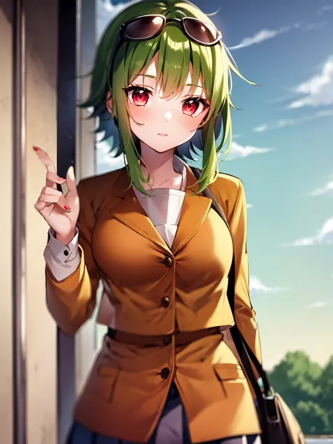 masterpiece, best_quality, 1girl, solo, gumi, school uniform, <lora:gumi_V1:1>, red eyewear on head,