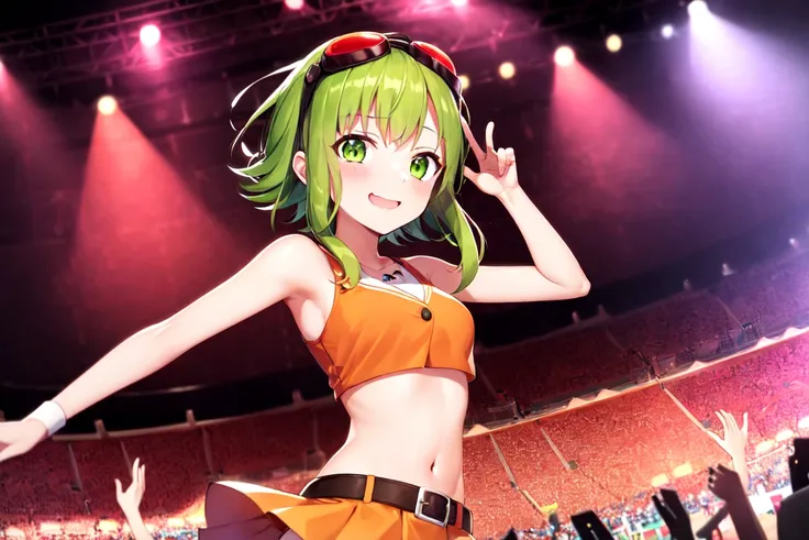 masterpiece, best_quality, 1girl, solo, gumi, crop top, goggles on head, orange skirt, navel, stadium, stage lights, crowd, portrait,