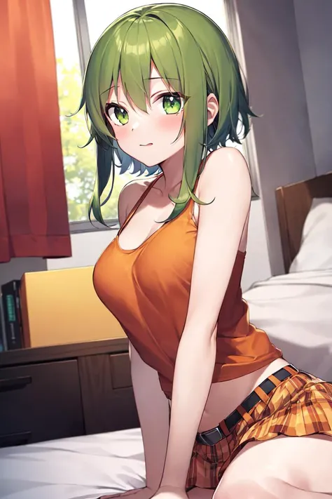 masterpiece, best_quality, 1girl, solo, gumi, orange camisole, bedroom,