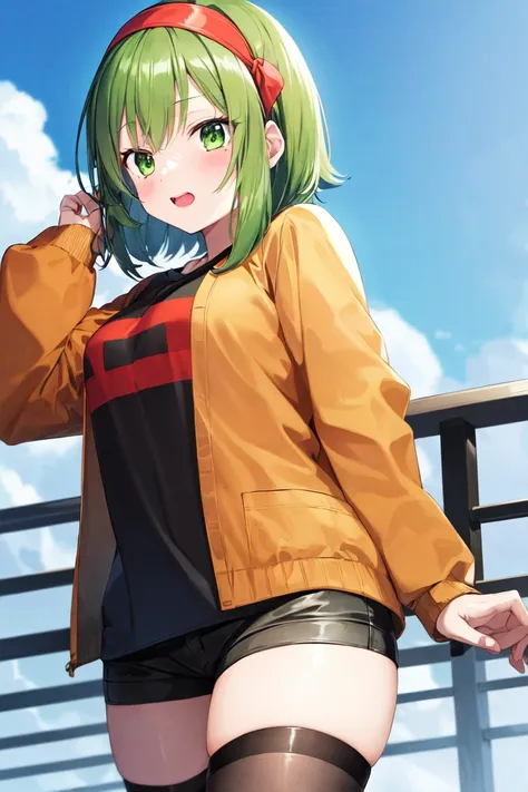 masterpiece, best_quality, 1girl, solo, gumi, oversized shirt, long sleeves, outdoors, red headband, black thighhighs, no pants,