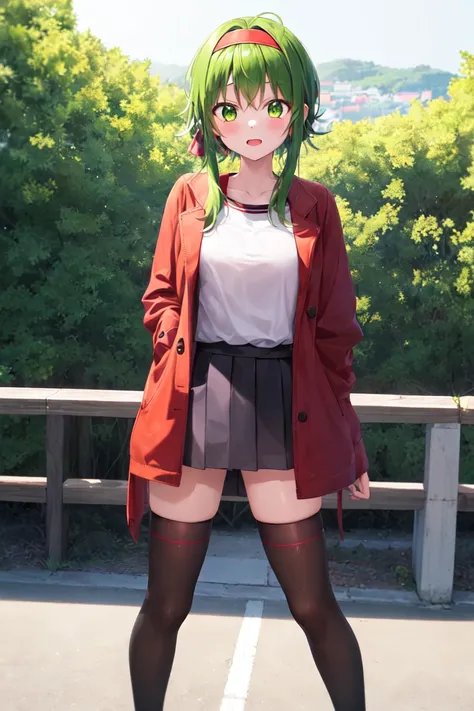 masterpiece, best_quality, 1girl, solo, gumi, oversized shirt, long sleeves, outdoors, red headband, thighhighs,