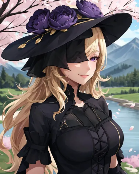 best quality, (masterpiece:1.2), illustration, absurdres,
(1girl), (solo), (beautiful detailed girl), (upper body, portrait),,
<lora:Lucrezia-08:0.8>, Lucrezia Isselee, blond hair, long hair,
black and purple dress, gothic dress, black hat, gothic hat, veil, black lace, black thighhighs, purple high heels,
distant mountains, cherry trees, cherry blossom, petals, japanese architecture, river,,
(looking at viewer, smile),