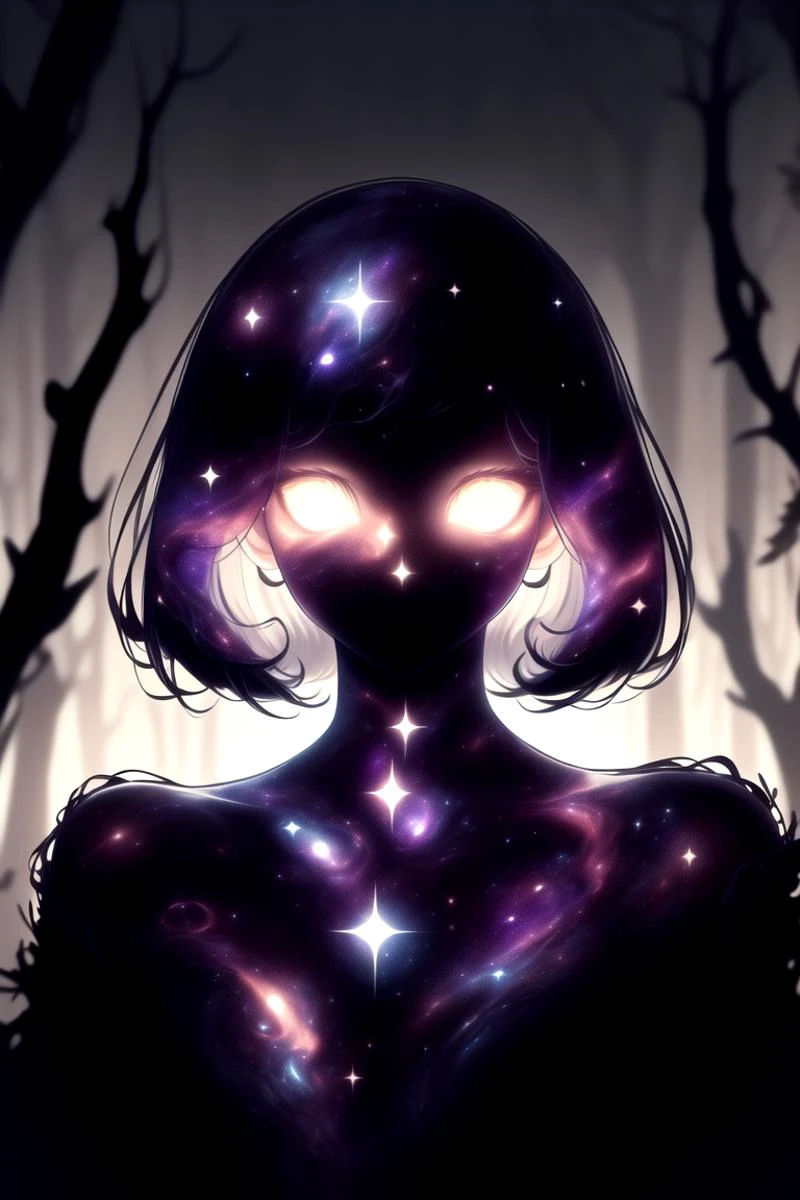 dark celestialskin body , void cosmic body, colored skin, flat color, jet black skin, silhouette,<lora:CelestialSkin2:0.9>
1girl,
portrait, upper body,in a forest ,
bob cut,