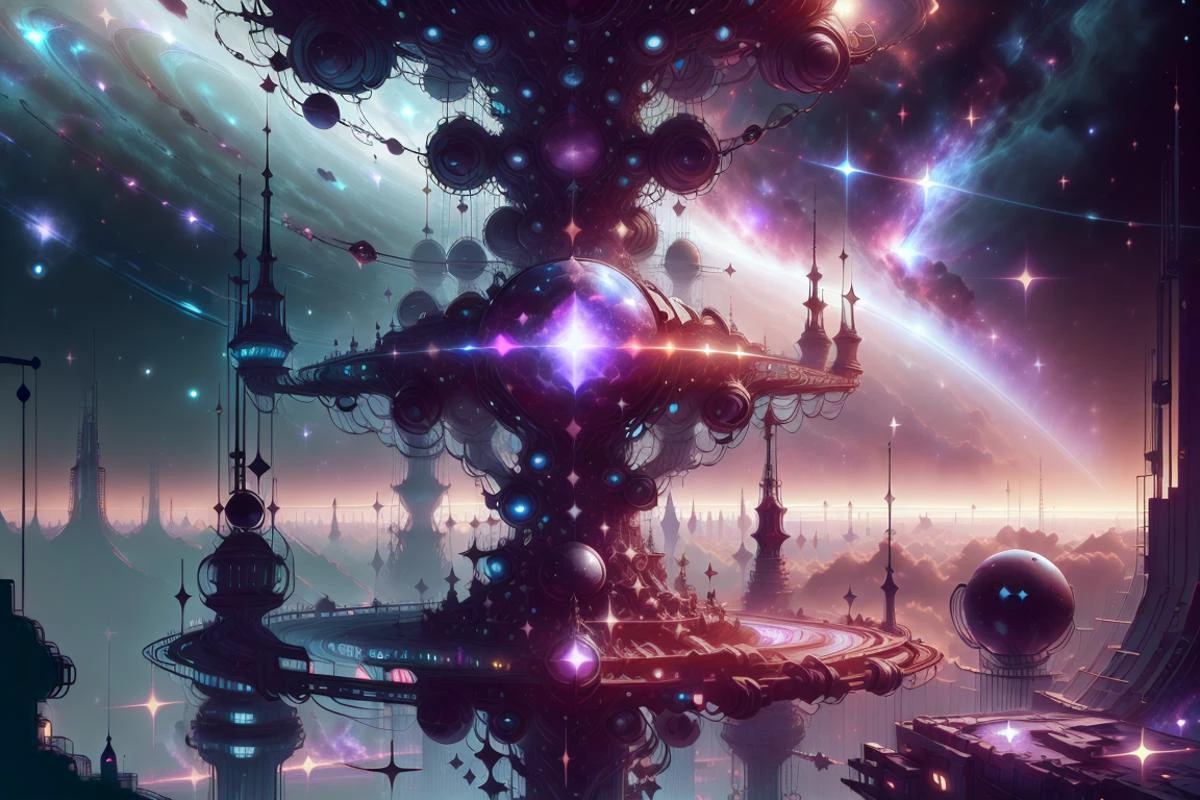 (cosmic towers :1.3) , <lora:Type3Tech-21:0.8>, type3tech , scifi, type 3 civilization , starfield, <lora:CelestialSkin2:1>, black background , CelestialSkin tower,