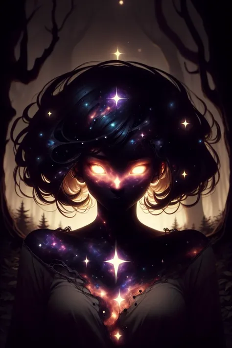 dark celestialskin body , void cosmic body, colored skin, flat color, jet black skin, silhouette,<lora:CelestialSkin2:0.9>
1girl,
portrait, upper body,in a forest ,
bob cut,