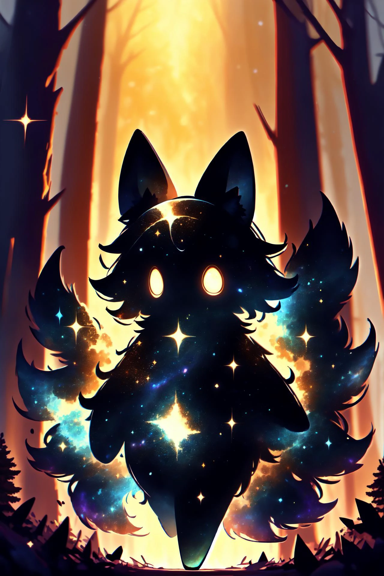 (high quality, best quality, 4k, 2k, (intricate:1.1), (high detail:1.3)), ((forest, village, night)), (official wallpaper, volumetric lighting, dynamic lighting),
1girl, solo, (fox girl, fox ears, fox tail), ((fluffy)),
celestialskin, dark celestialskin body , void cosmic body, colored skin, flat color, jet black skin, silhouette,
FluffyStyle,
<lora:CelestialSkin-20_1.2+kionantArtistStyle_v10_0.6:1>, <lora:FluffyStyle:1>