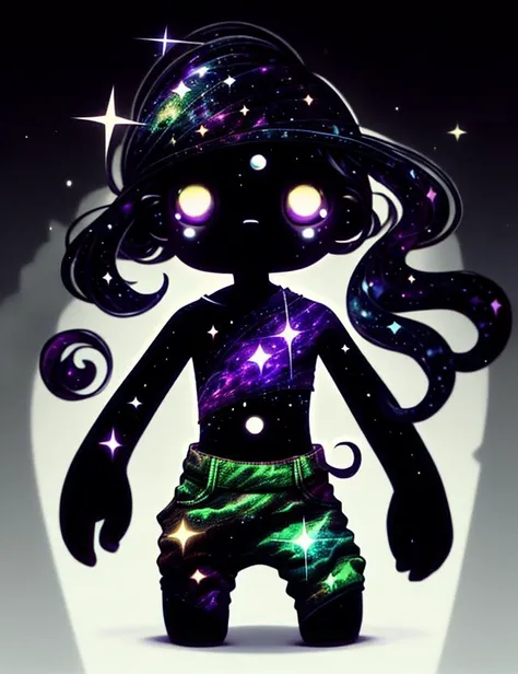 dark celestialskin void cosmic body female Late twenties, Refined, Native Hawaiian, Green eyes, Upswept Ears, Straight Nose, V-Shaped Chin, Chiseled Cheeks, Straight Forehead, Square face shape with Angular Jaw, , Caramel Bob cut hair, Relief wearing BlazingYellow A-line culottes, Sweatshirt, , , , One hand pointing, signaling direction, <lora:CelestialSkin-20_1.2+kionantArtistStyle_v10_0.6:1>