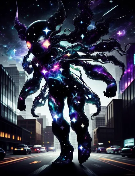 dark celestialskin void cosmic body male Genetic Manipulation Specialist, , Geriatric Broad, Latin American, Emerald eyes, Cupped Ears, Nostril Narrow Nose, Diamond face shape with Angular Cheeks, , Ginger Drop fade hair, Excitement,, Cybernetic Flex, Character flexes bionic-enhanced muscles, showcasing their cybernetic strength., wearing Smart-fabric Capris, Holo-Foil Cape, , Augmented Reality Helmet, ,,, Displaying bionic limbs or other augmentations., <lora:CelestialSkin-20_1.2+kionantArtistStyle_v10_0.6:1>