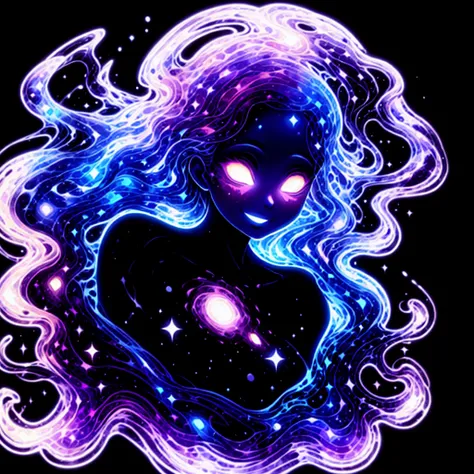 ((This is a dark masterpiece with deep shadows.)) Generate a sexy female dark divine being with ((pure black galaxy skin)). Her face is onyx black but still detailed and stunning. (Her face is important and has realistic shading and puffy lips). Her (opaque) eyes are luminous and shimmering in hues of purples and blues. (Her torso is important). This image is compelling with dynamic composition and energetic posing. Include many fantasy details such as bumps, phantasmal iridescence, glitter, galaxy, cosmos, ((dark celestialskin body, void cosmic body)), (((dark background))), (((lights off))), (((hollywood dark))), horror, dramatic shadows, (in a dark fantasy space:1.3, glitter, sparkle, gleam), female torso