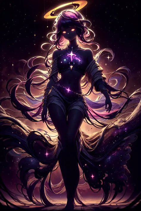 Extremely beautiful divine woman, made of cosmos, glare eyes, she is holding a mystical energy, your hair is flying.