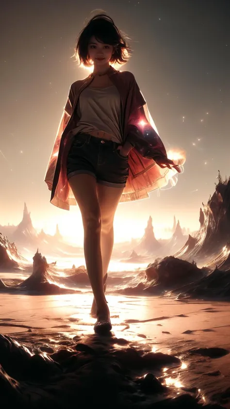 (Realistic),masterpiece,best quality,cinematic lighting,natural shadow,highest detail,professional photography,detailed background,depth of field,insane details,intricate,aesthetic,detailed face,subsurface scattering,looking at viewer,Low Angle,
1girl,photo of a cute girl,full body,light smile,charming,20yo,Pixie Cut Hair.Glossy hair,Bronze hair,robe,dark celestialskin body,void cosmic body,colored skin,flat color,jet black skin,silhouette,Hands in pockets pose,
<lora:GoodHands-vanilla:1>,<lora:add_detail:1>,<lora:Better light:1>,<lora:CelestialSkin-20_1.2+kionantArtistStyle_v10_0.6:0.8>,<lora:whirlpool:0.3>, magical, mystical, celestial, positive, pure