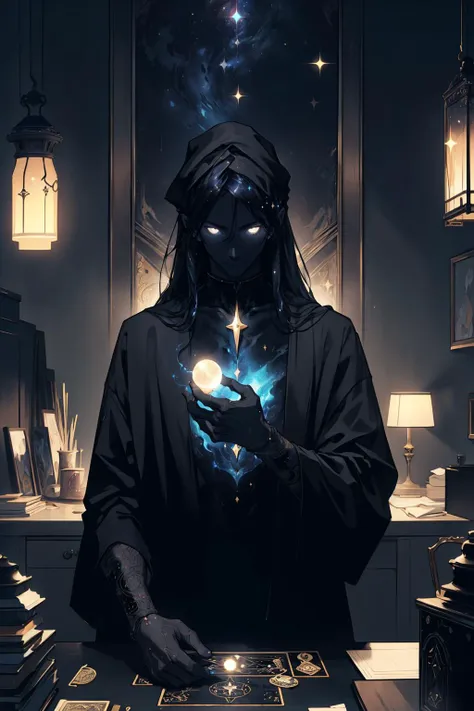 (highly detailed:1.3), (post-Impressionist:1.2),masterpiece, best quality, extreme detail, impressionism painting, realistic, 1boy, fortune teller, tarot cards at a table, long hair, looking at viewer, pale skin, mystical, magical, glow, glowing, dark magical lighting, moody, cinematic, sparkle, glittering, darkness, celestialskin body,void cosmic body,colored skin,flat color,jet black skin,silhouette,<lora:CelestialSkin-20_1.2+kionantArtistStyle_v10_0.6:0.4>, <lora:GoodHands-beta2:1> <lora:ClothingAdjuster3:-1>