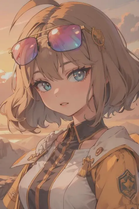 best quality, masterpiece, HDR, intricate, highly detailed, hyperdetailed, <lora:swimanis-v1-nai:1>sparkling-anis, short hair, sunglasses, looking at viewer, ahoge