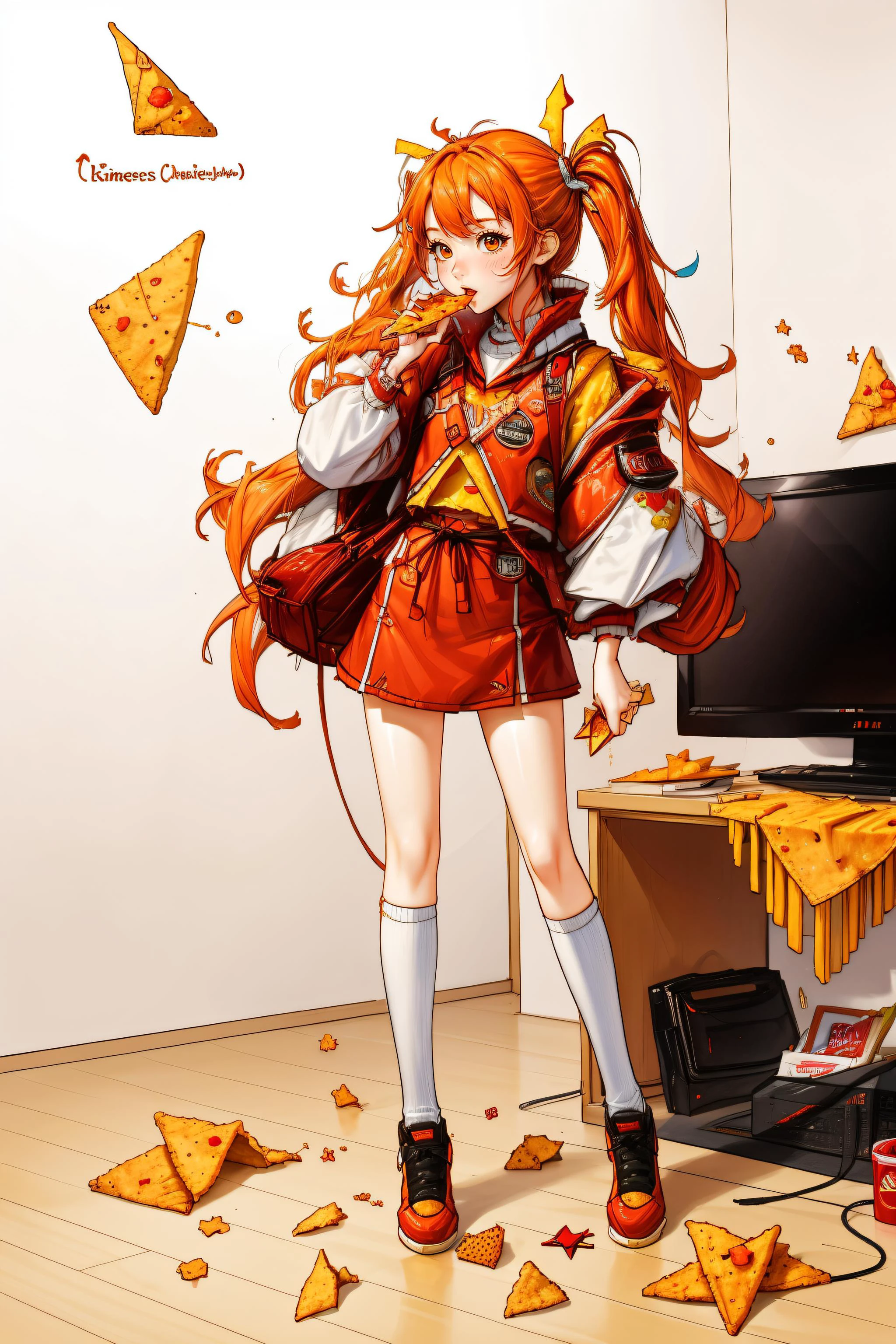 <lora:rinotuna_antropo_sq:1>, rinotuna, original, dorito chip girl, girl eating doritos, orange hair, in her bedroom playing videogames, red outfit, holding a dorito bag, <lora:more_details:0.1>