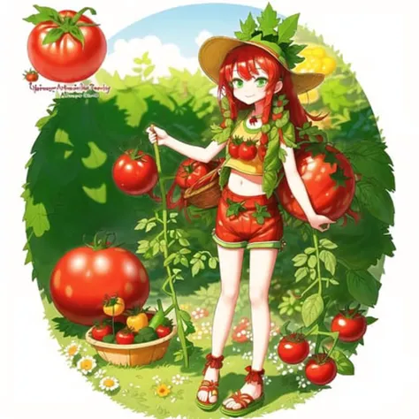 <lora:rinotuna_antropo_sq:1>,
rinotuna, original,
tomato girl, vegetable anthropomorphism, red hair, green eyes, smiling, cute, happy, long hair, leafy hair accessory, crop top, shorts, sandals, outdoors, garden, summer, cheerful, youthful, vibrant.
