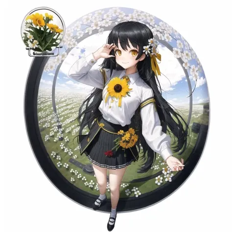 <lora:rinotuna_antropo_sq:1>,
rinotuna, original,
1girl, @cstw792, black hair, black skirt, fisheye, flower, highres, long hair, looking at viewer, outstretched hand, pov, reaching towards viewer, scar, scar on face, shirt, skirt, smile, white flower, white shirt, yellow eyes