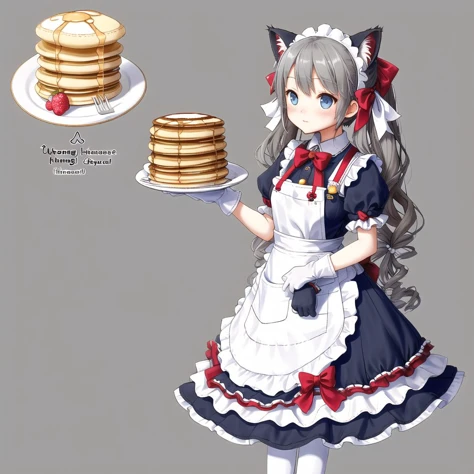 <lora:rinotuna_antropo_sq:1>,
rinotuna, original,
1girl, ahoge, animal ears, apron, bangs, black bow, black dress, black gloves, bow, brown hair, cat ears, cat girl, cat tail, dress, food, frilled gloves, frills, gloves, grey background, grey eyes, grey footwear, hair bow, hair intakes, hair ornament, highres, holding, holding plate, long hair, looking at viewer, maid, maid headdress, pancake, pancake stack, pantyhose, parted lips, plate, puffy short sleeves, puffy sleeves, shoes, short sleeves, solo, tail, tail bow, tail ornament, twintails, very long hair, white apron, white bow, white pantyhose, x hair ornament