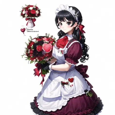 <lora:rinotuna_antropo_sq:1>, 


rinotuna, original, 


1girl, alternate costume, apron, ascot, balloon, bangs, black dress, black eyes, black gloves, black hair, blunt bangs, bouquet, breasts, bridal gauntlets, dress, elbow gloves, english commentary, enmaided, flower, gloves, heart, heart balloon, highres, holding, holding bouquet, large breasts, long hair, looking at viewer, maid, maid headdress, mari48240422, puffy short sleeves, puffy sleeves, purple flower, short sleeves, solo, two side up, waist apron, white apron, white ascot