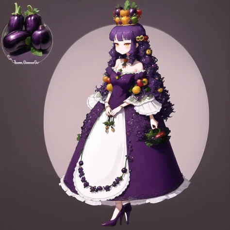 <lora:rinotuna_antropo_sq:1>,
rinotuna, original,
eggplant girl, vegetable anthropomorphism, purple hair, yellow eyes, smug, elegant, long hair, stem hair accessory, dress, high heels, indoors, luxurious, sophisticated, regal, royalty, fancy, sultry, alluring, aubergine