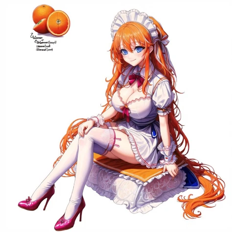 <lora:rinotuna_antropo_sq:1>,
rinotuna, original,
blue eyes, breasts, cleavage, crossed legs, headdress, high heels, legs crossed, lips, long hair, maid, maid headdress, orange hair, pink hair, shoes, simple background, sitting, smile, solo, thigh-highs, thighhighs, waitress, white background, white legwear, wrist cuffs
