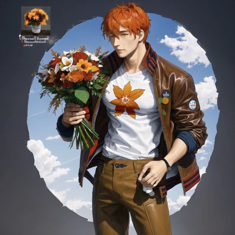 <lora:rinotuna_antropo_sq:1>, 


rinotuna, original, 


1boy, bouquet, brown eyes, brown jacket, chibi, day, flower, highres, holding, holding bouquet, jacket, jaw titan, leather, leather jacket, looking at viewer, luguoadeli \(weibo5263688910\), male focus, maple12031, marcel galliard, multicolored hair, orange hair, sample watermark, shirt, sky, solo focus, symbol-only commentary, two-tone hair, upper body, white flower, white shirt