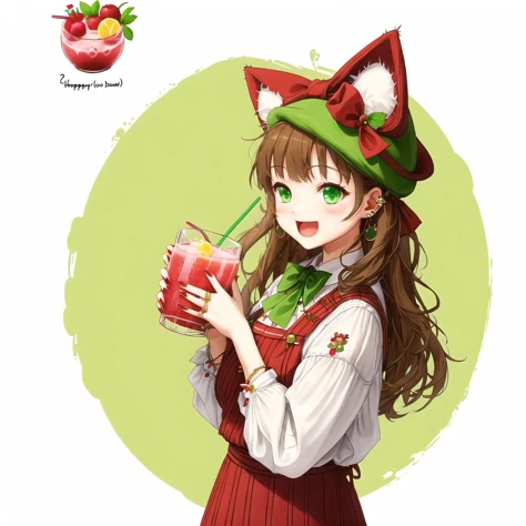 <lora:rinotuna_antropo_sq:1>,
rinotuna, original,
1girl, :d, animal ear fluff, animal ears, bow, bowtie, brown hair, cat ears, cup, drink, drinking straw, earrings, green headwear, happy, hat, highres, holding, holding cup, jewelry, juice, mob cap, mug, nail polish, open mouth, palulap, red nails, smile, solo, upper body