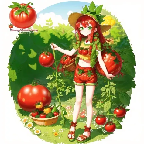 <lora:rinotuna_antropo_sq:1>,
rinotuna, original,
tomato girl, vegetable anthropomorphism, red hair, green eyes, smiling, cute, happy, long hair, leafy hair accessory, crop top, shorts, sandals, outdoors, garden, summer, cheerful, youthful, vibrant.