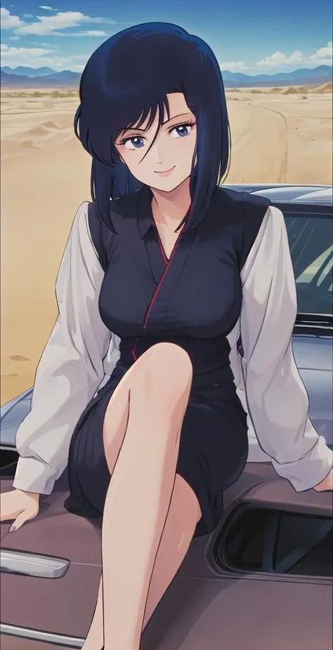 Saeko, 1girl, solo, upper body, sitting on car, car broken, side of road, desert, looking at viewer, smile, perfect quality, good quality, masterpiece, HDR, UHD <lora:Saeko:0.8>