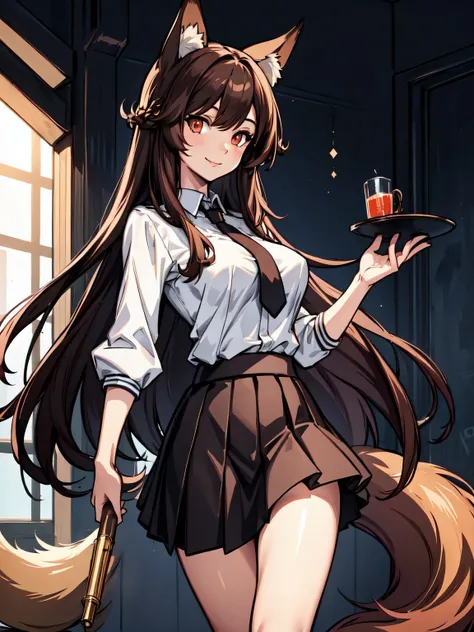 (masterpiece:1.2), (highres:1.2), 1girl, solo, light smile, very long hair, medium breasts, skirt, sunlight, detailed eyes, brown eyes, glowing eyes, fox ears,