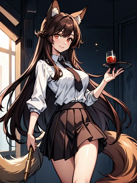 (masterpiece:1.2), (highres:1.2), 1girl, solo, light smile, very long hair, medium breasts, skirt, sunlight, detailed eyes, brown eyes, glowing eyes, fox ears,
