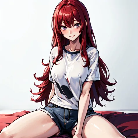 (masterpiece:1.2), (highres:1.2), 1girl, medium breasts, 3d:1.2,short_shorts,double-parted_bangs,shorts,long_hair,white shirt,on_bed,smile,parted_bangs,white_background,sitting,blush,hair_between_eyes,bed,spread_legs, red hair,