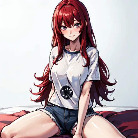 (masterpiece:1.2), (highres:1.2), 1girl, medium breasts, 3d:1.2,short_shorts,double-parted_bangs,shorts,long_hair,white shirt,on_bed,smile,parted_bangs,white_background,sitting,blush,hair_between_eyes,bed,spread_legs, red hair,