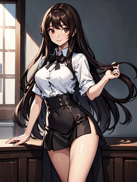 (masterpiece:1.2), (highres:1.2), 1girl, solo, light smile, very long hair, medium breasts, skirt, sunlight, detailed eyes, brown eyes,