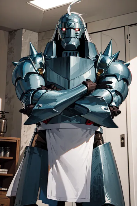Masterpiece, absurdres, best quality, alphonse_elric, glowing eyes, armor, spikes, helmet, cowboy shot, crossed arms, indoors, <lora:alphonse_elric:1>