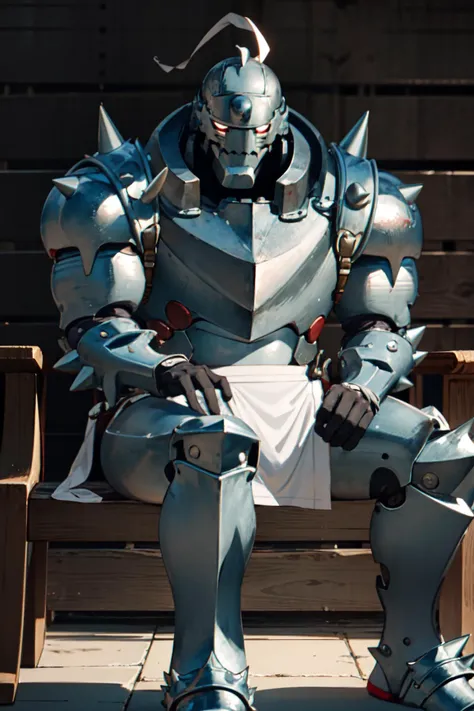 Masterpiece, absurdres, best quality, alphonse_elric, glowing eyes, armor, spikes, helmet, sitting, <lora:alphonse_elric:1>