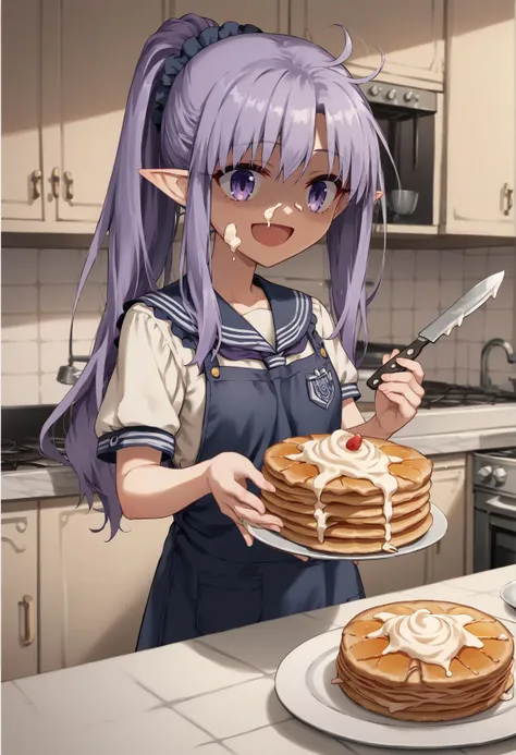 1girl, long hair, purple hair, ponytail, purple eyes, pointy ears, school uniform, apron, kitchen, pancakes, cream, cream on face, smile, open mouth, indoors, kitchen, holding knife, shaded face,  <lora:Medea_Lily_XL:1> <lora:Hisoshi-Style-PonyXL:1>, score_9, score_8_up, score_7_up, score_6_up, score_5_up, score_4_up, BREAK source_anime, masterpiece